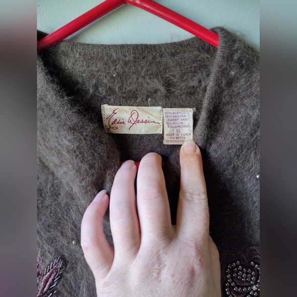 Vtg Eddie Wassin Angora Rabbit Hair & Lambswool Beaded Cardigan Sweater - Picture 3 of 3